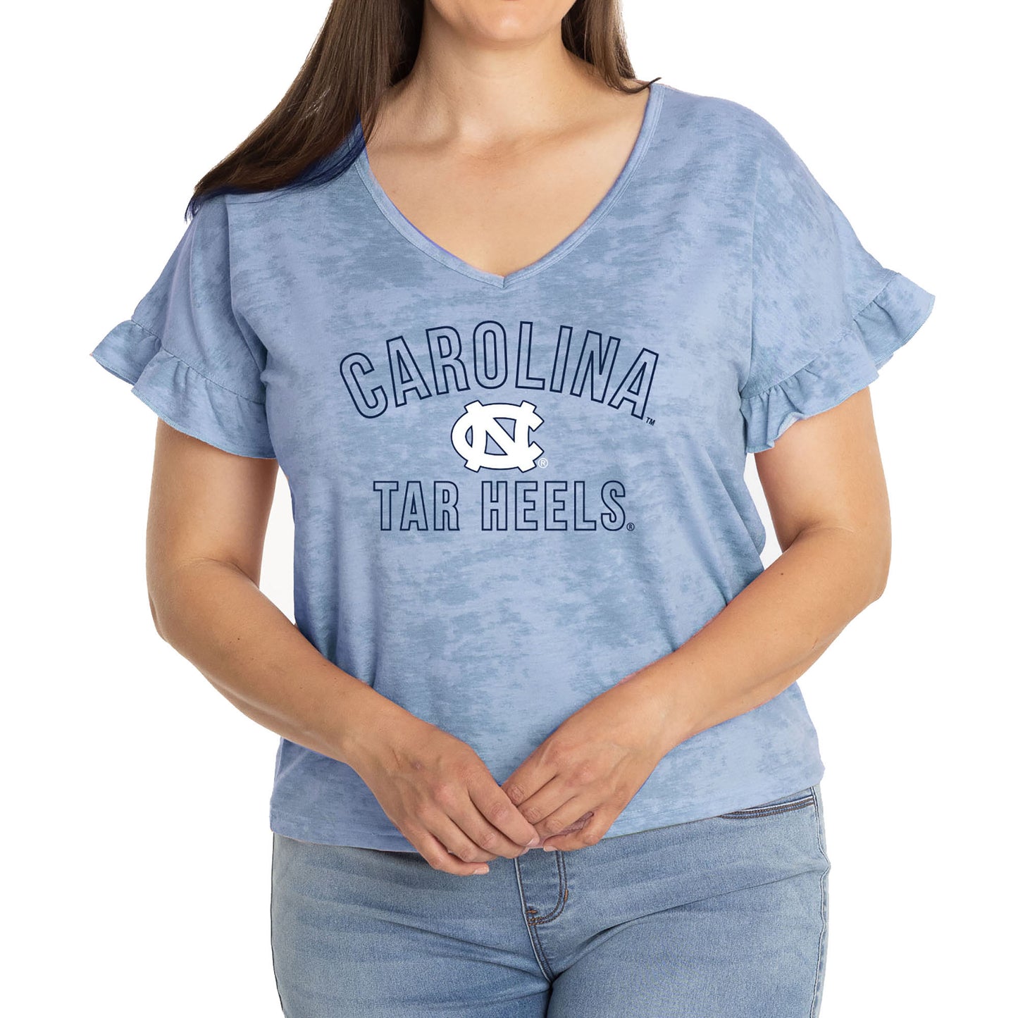 Women's Carolina Blue North Carolina Tar Heels Daisy Ruffle Sleeve V-Neck T-Shirt