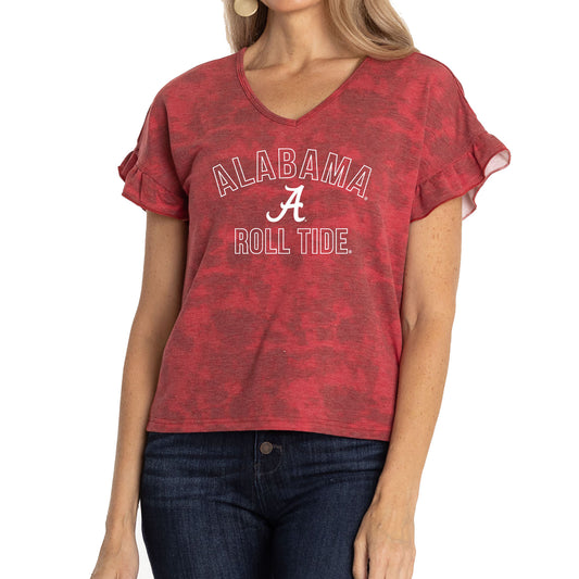 Women's Crimson Alabama Crimson Tide Daisy Ruffle Sleeve V-Neck T-Shirt