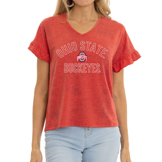 Women's Scarlet Ohio State Buckeyes Daisy Ruffle Sleeve V-Neck T-Shirt