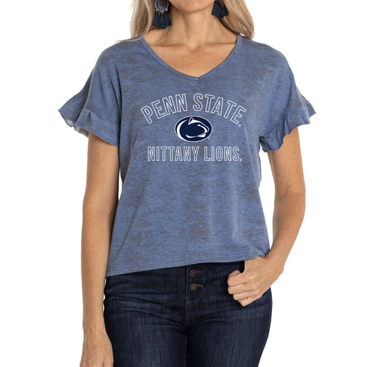 Women's Navy Penn State Nittany Lions Daisy Ruffle Sleeve V-Neck T-Shirt