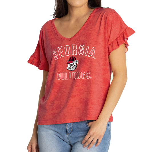 Women's Red Georgia Bulldogs Daisy Ruffle Sleeve V-Neck T-Shirt