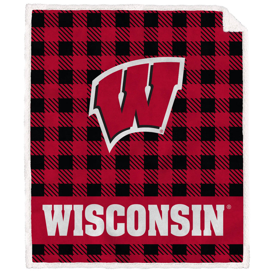 Wisconsin Badgers 50" x 60" Buffalo Check Royal Plush Sherpa Blanket