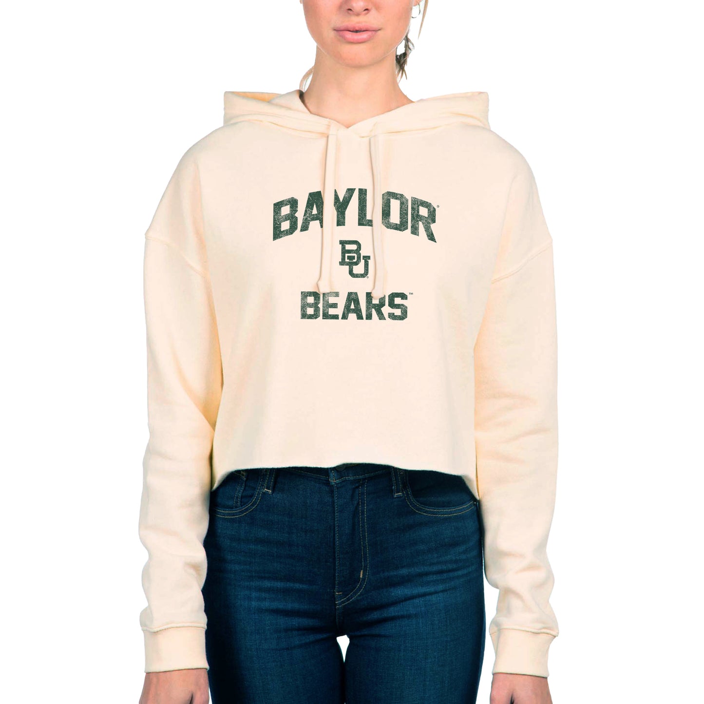 Women's Uscape Apparel Cream Baylor Bears Fleece Cropped Pullover Hoodie