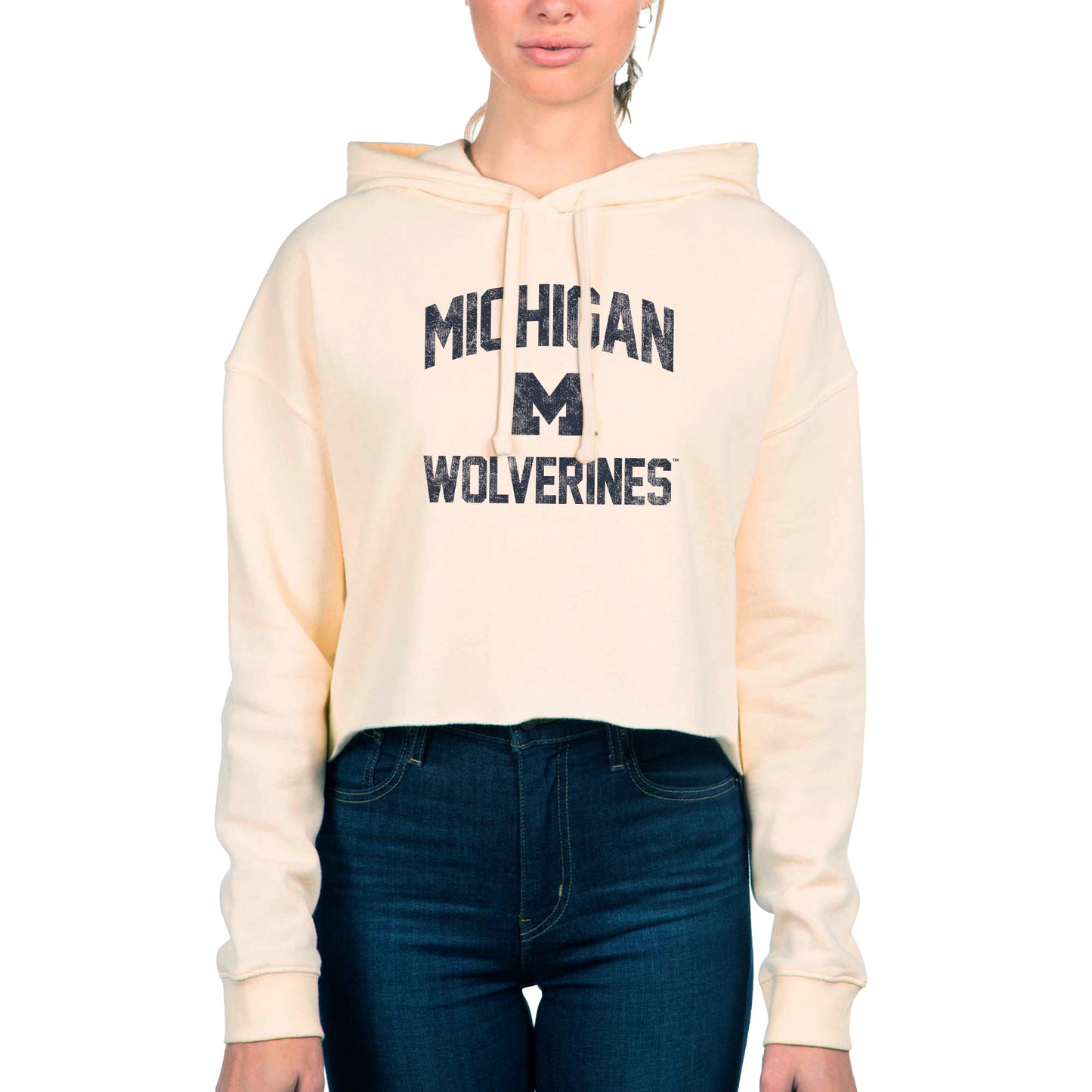 Women's Uscape Apparel Cream Michigan Wolverines Fleece Cropped Pullover Hoodie