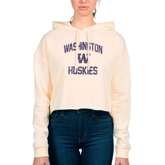 Women's Uscape Apparel Cream Washington Huskies Fleece Cropped Pullover Hoodie