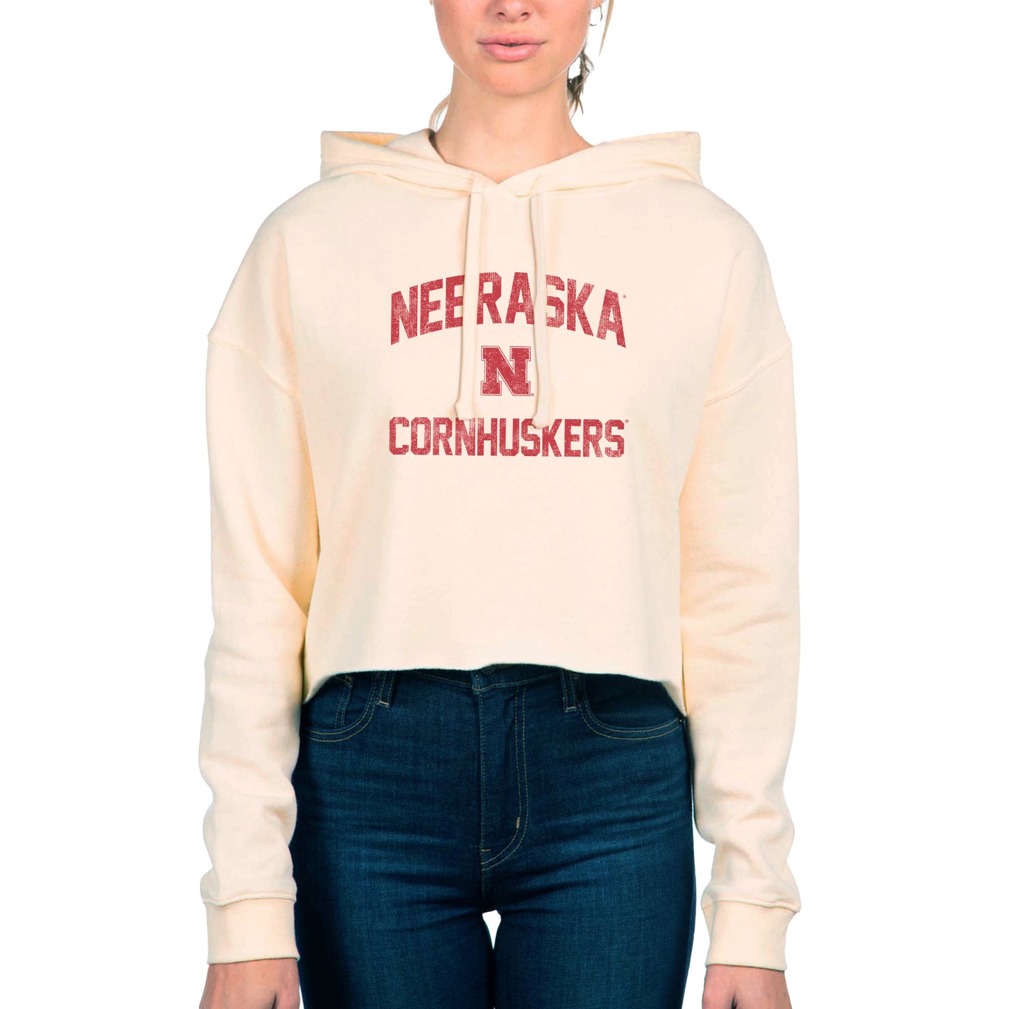 Women's Uscape Apparel Cream Nebraska Huskers Fleece Cropped Pullover Hoodie