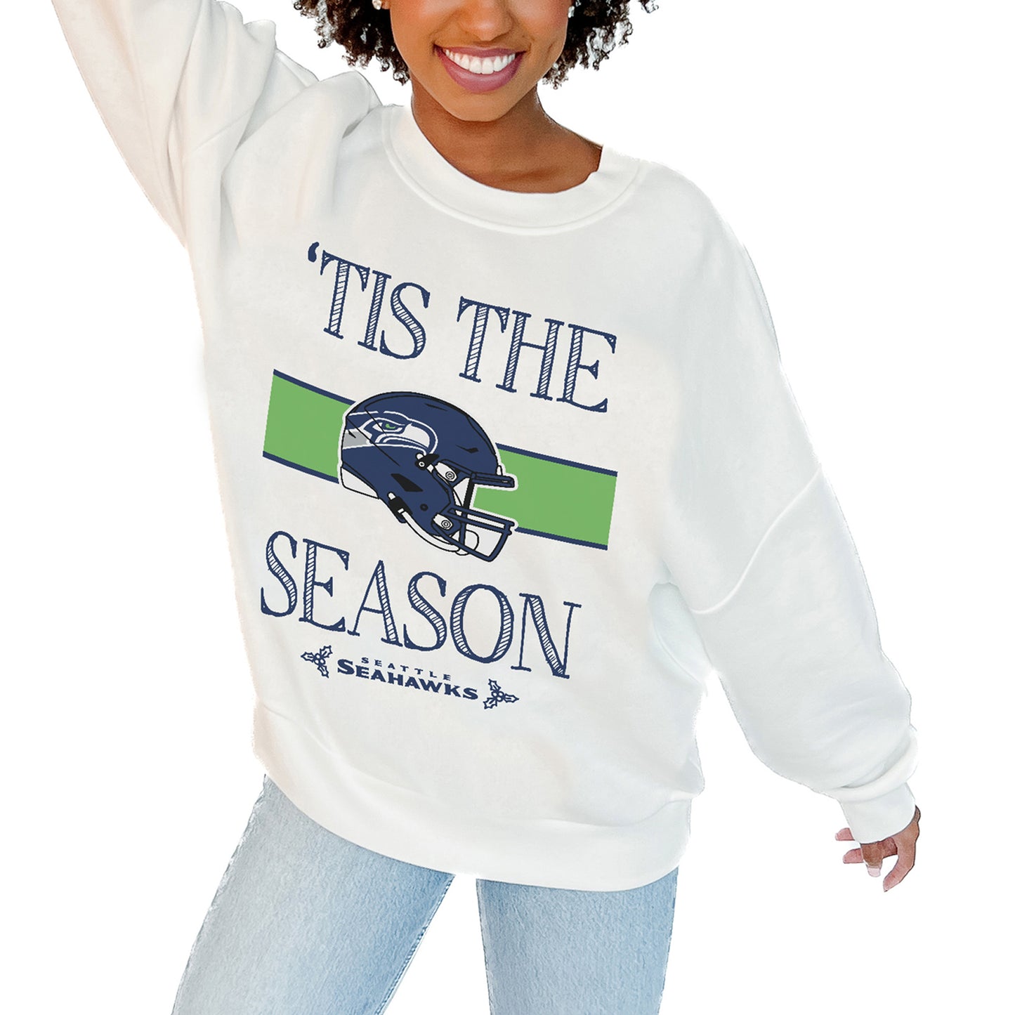 Women's Gameday Couture White Seattle Seahawks Take A Holiday Pullover Sweatshirt