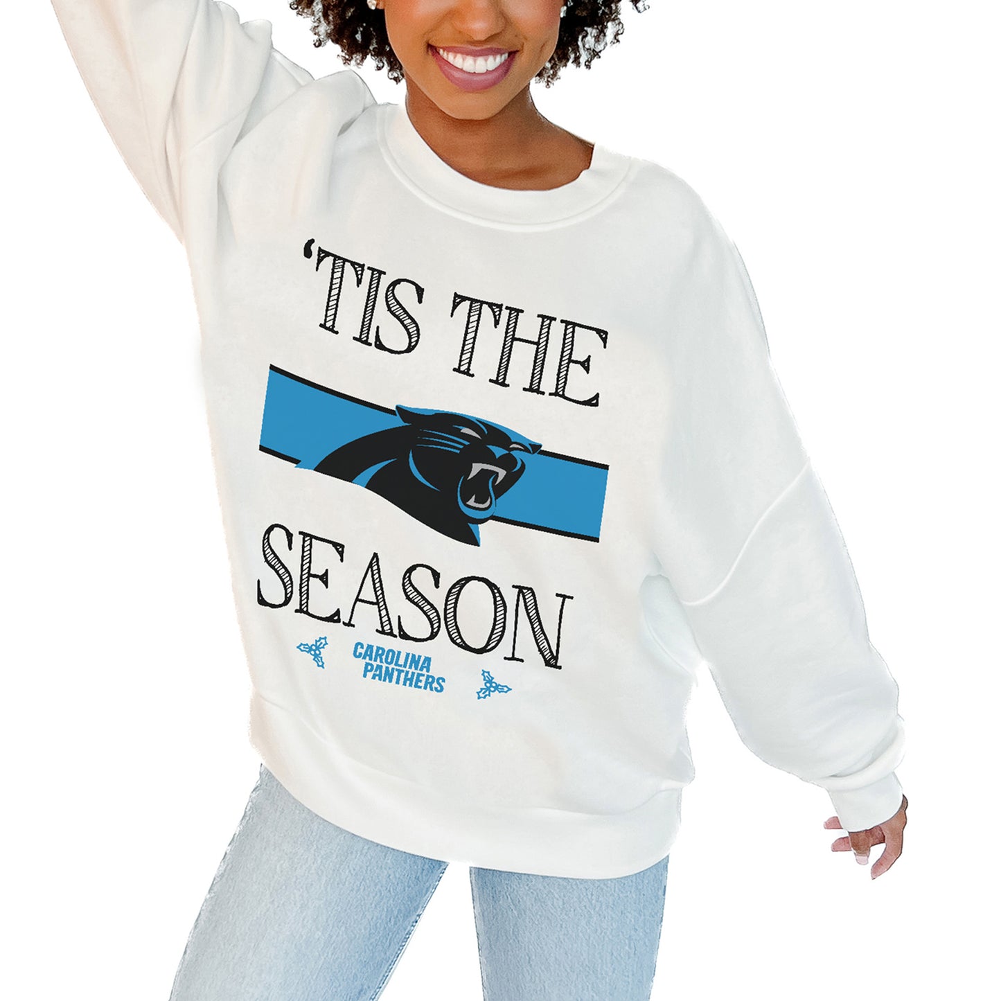 Women's Gameday Couture White Carolina Panthers Take A Holiday Pullover Sweatshirt