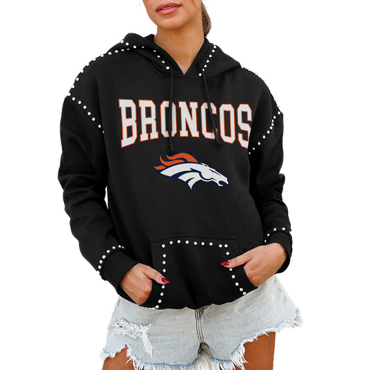 Women's Gameday Couture Black Denver Broncos Catch the Vibe Studded Pullover Hoodie