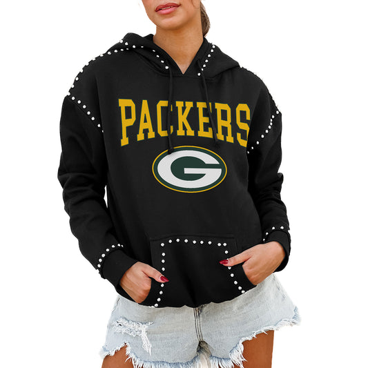 Women's Gameday Couture Black Green Bay Packers Catch the Vibe Studded Pullover Hoodie