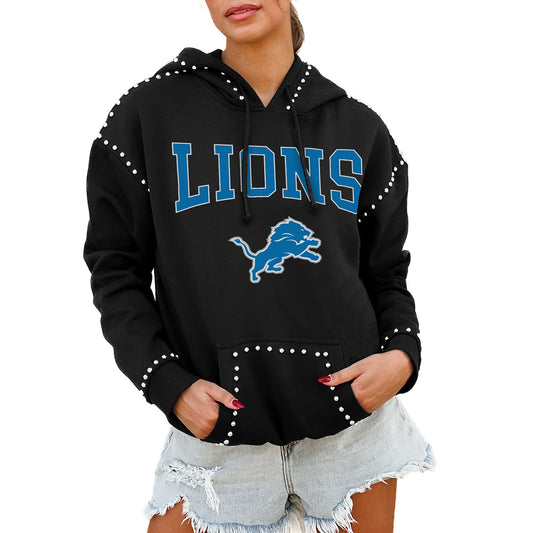 Women's Gameday Couture Black Detroit Lions Catch the Vibe Studded Pullover Hoodie