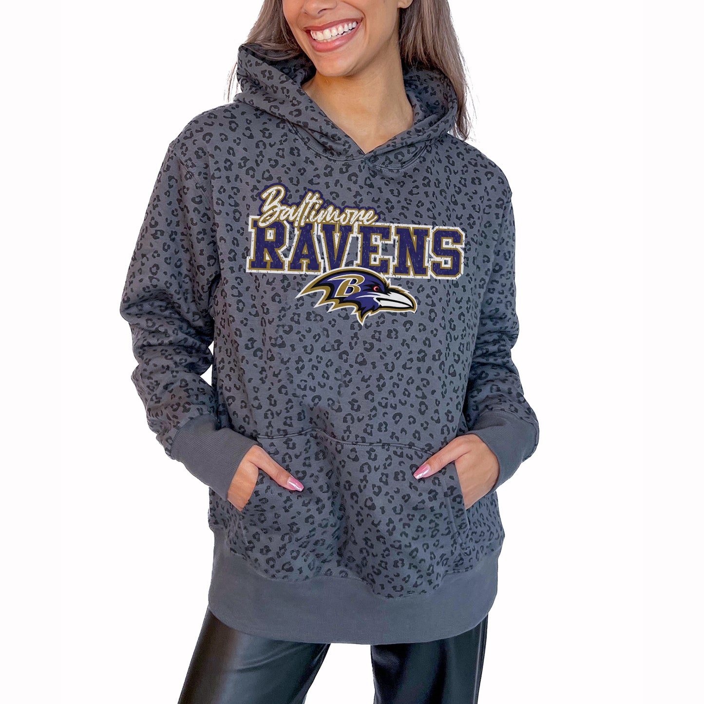 Women's Gameday Couture Gray Baltimore Ravens In The Spotlight Tonal Leopard Print Pullover Hoodie