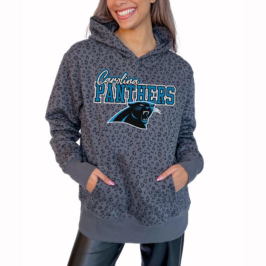 Women's Gameday Couture Gray Carolina Panthers In The Spotlight Tonal Leopard Print Pullover Hoodie