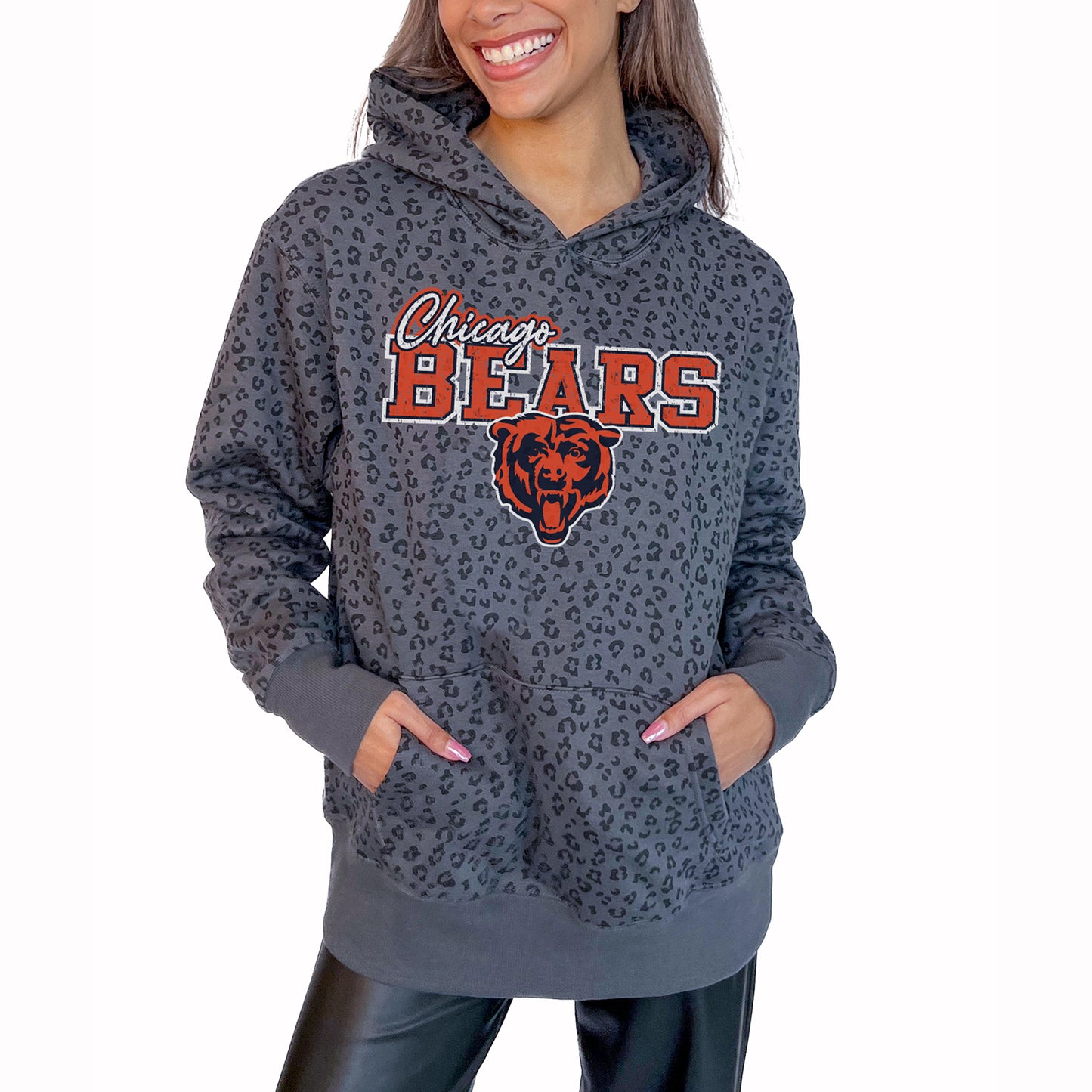 Women's Gameday Couture Gray Chicago Bears In The Spotlight Tonal Leopard Print Pullover Hoodie