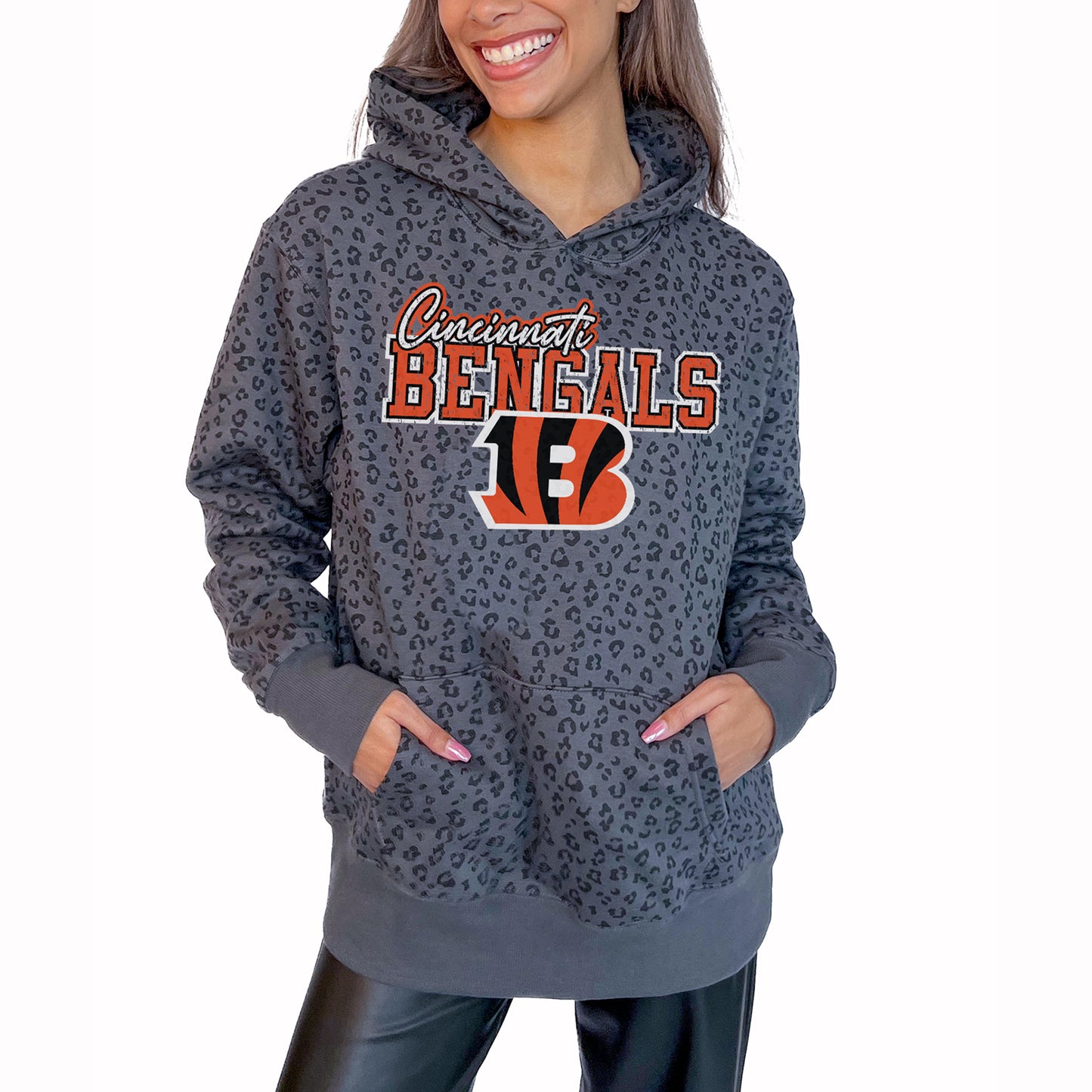 Women's Gameday Couture Gray Cincinnati Bengals In The Spotlight Tonal Leopard Print Pullover Hoodie