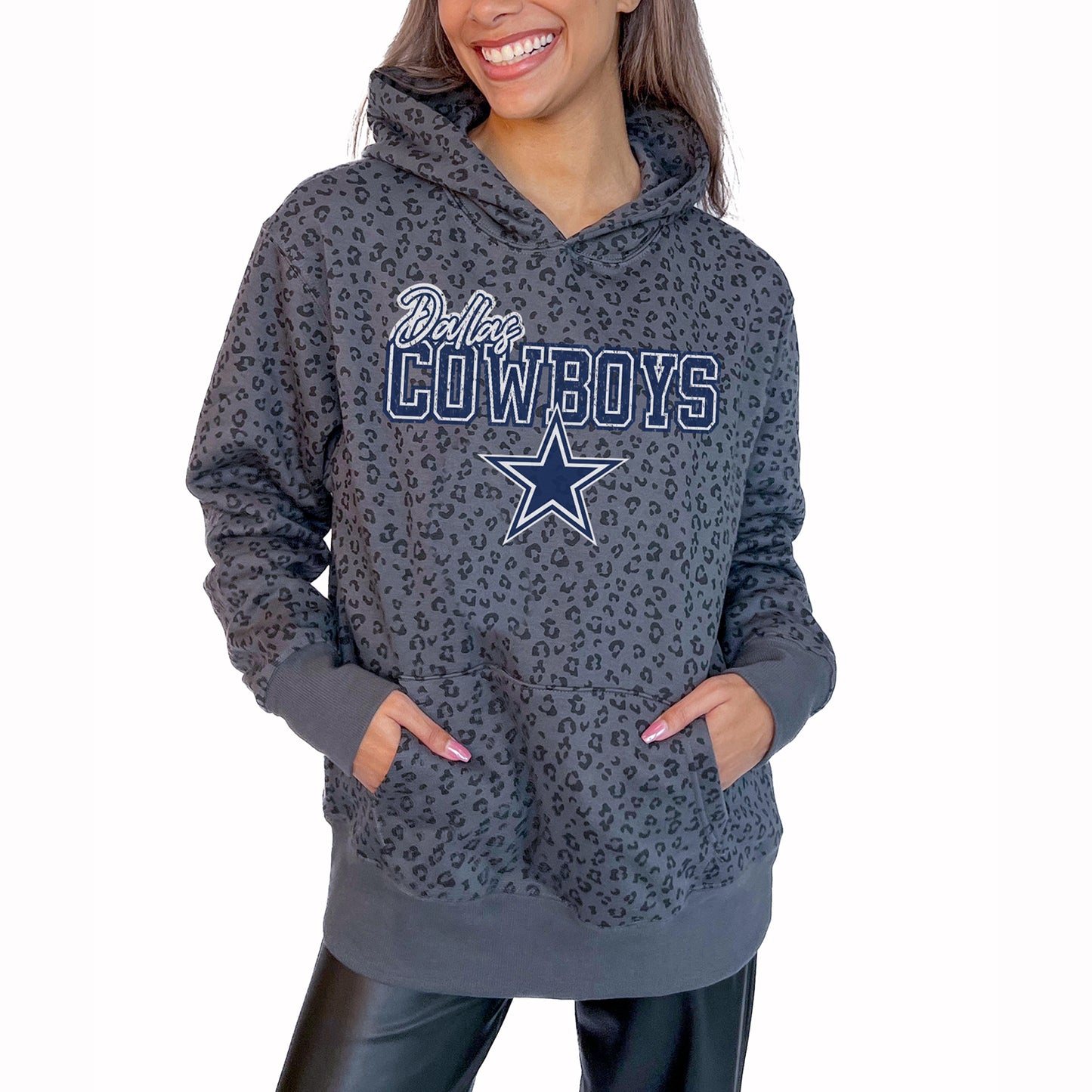 Women's Gameday Couture Gray Dallas Cowboys In The Spotlight Tonal Leopard Print Pullover Hoodie