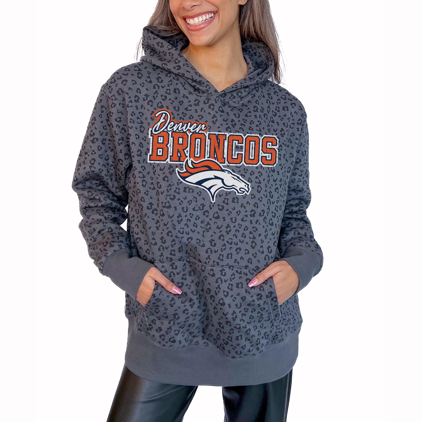 Women's Gameday Couture Gray Denver Broncos In The Spotlight Tonal Leopard Print Pullover Hoodie