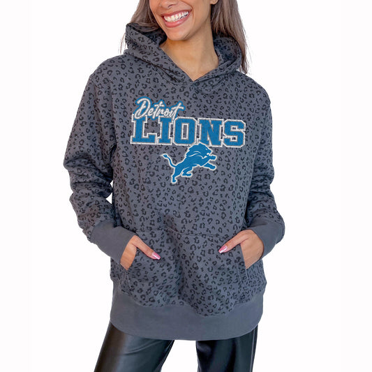 Women's Gameday Couture Gray Detroit Lions In The Spotlight Tonal Leopard Print Pullover Hoodie