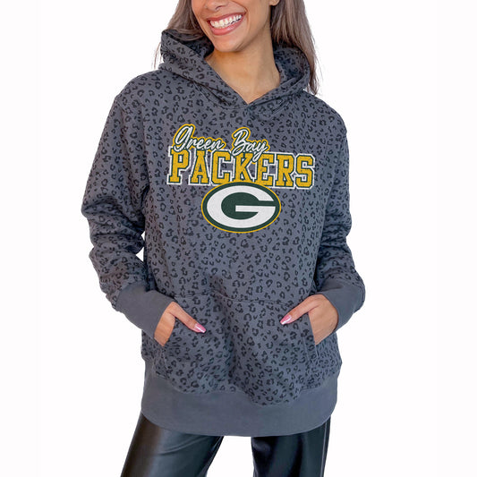 Women's Gameday Couture Gray Green Bay Packers In The Spotlight Tonal Leopard Print Pullover Hoodie