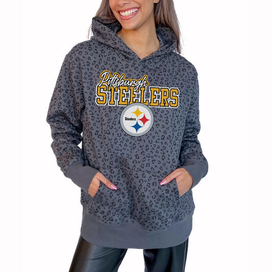 Women's Gameday Couture Gray Pittsburgh Steelers In The Spotlight Tonal Leopard Print Pullover Hoodie