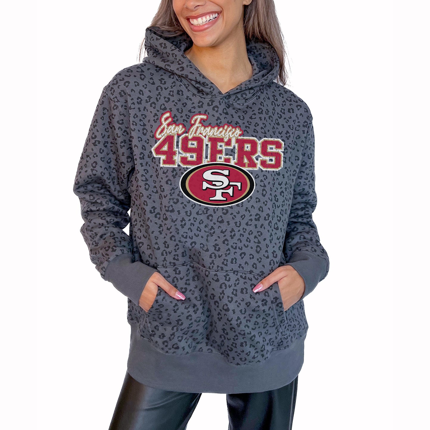 Women's Gameday Couture Gray San Francisco 49ers In The Spotlight Tonal Leopard Print Pullover Hoodie