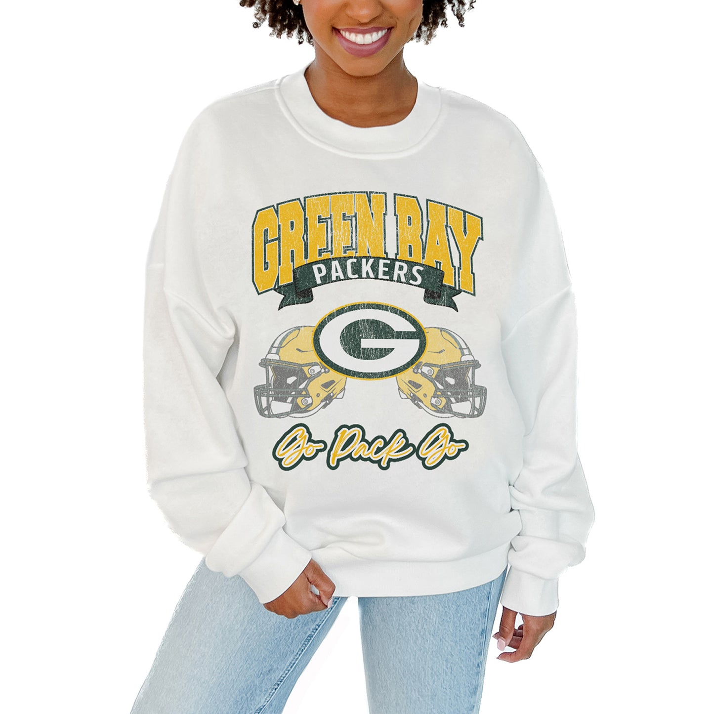 Women's Gameday Couture White Green Bay Packers Passing Time Pullover Sweatshirt