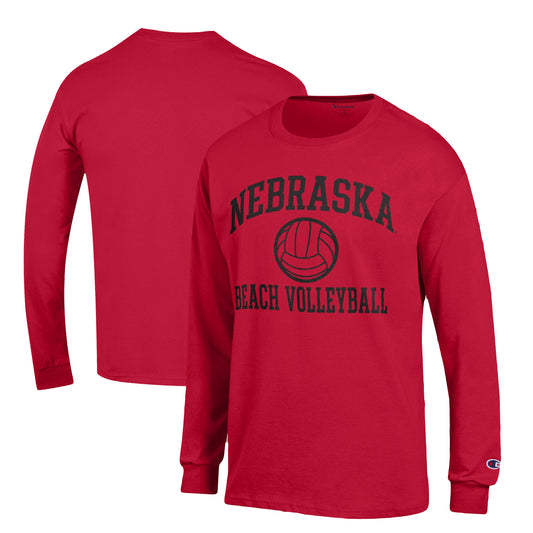 Men's Champion  Red Nebraska Huskers Icon Beach Volleyball Long Sleeve T-Shirt