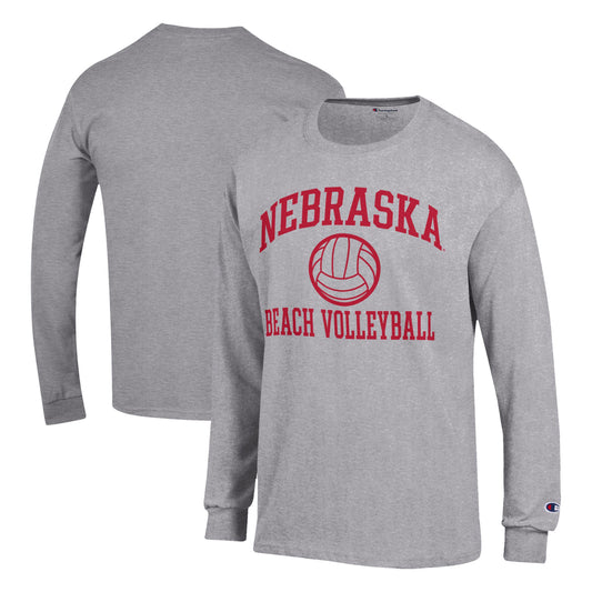 Men's Champion  Gray Nebraska Huskers Icon Beach Volleyball Long Sleeve T-Shirt