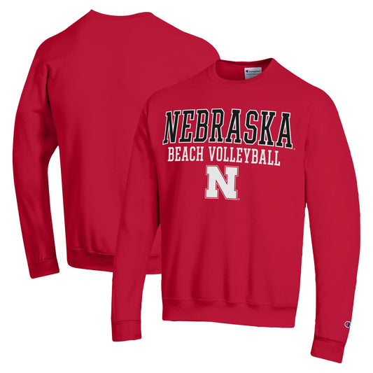 Men's Champion  Red Nebraska Huskers Stacked Beach Volleyball Powerblend Pullover Sweatshirt