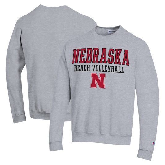 Men's Champion  Gray Nebraska Huskers Stacked Beach Volleyball Powerblend Pullover Sweatshirt