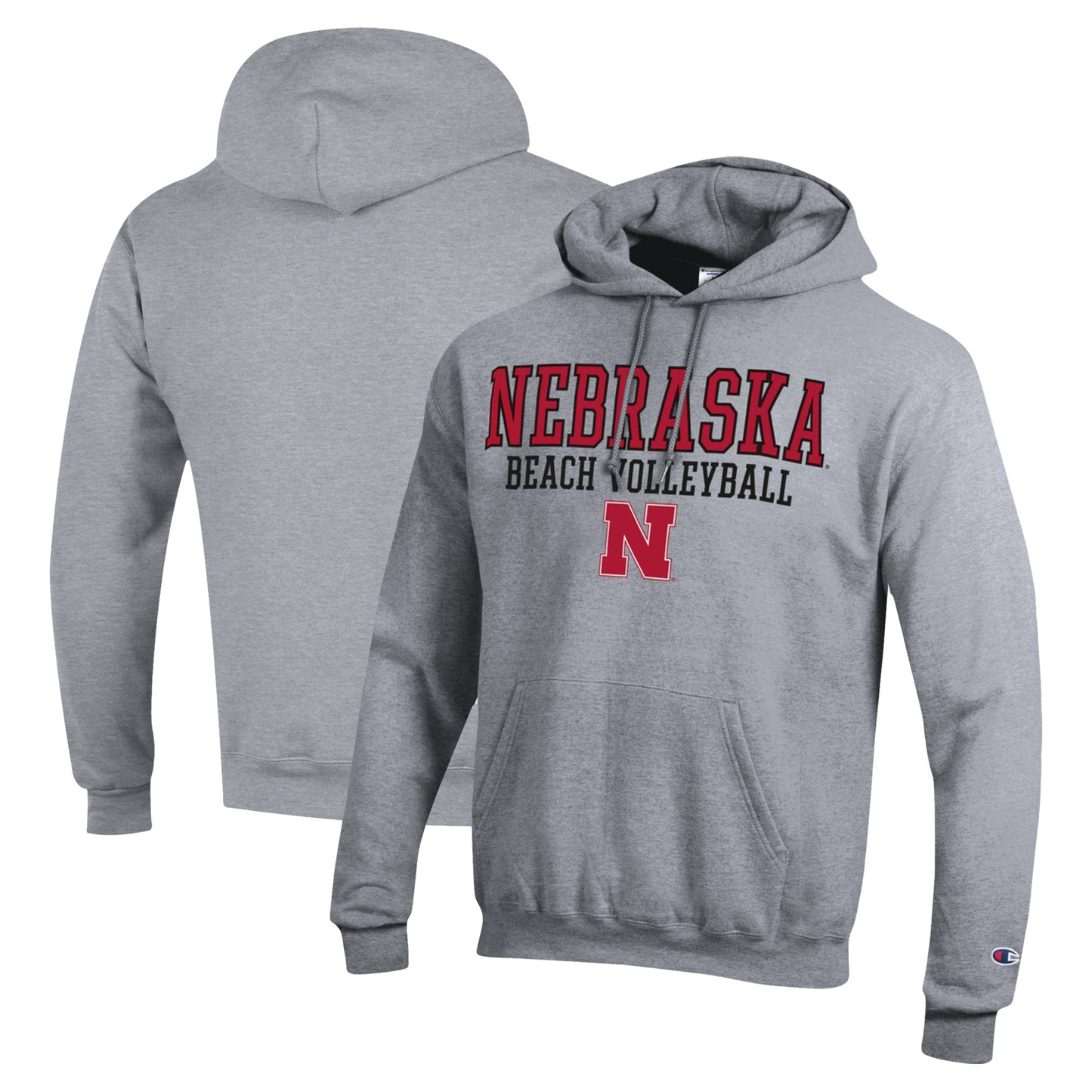 Men's Champion  Gray Nebraska Huskers Stacked Beach Volleyball Powerblend Pullover Hoodie