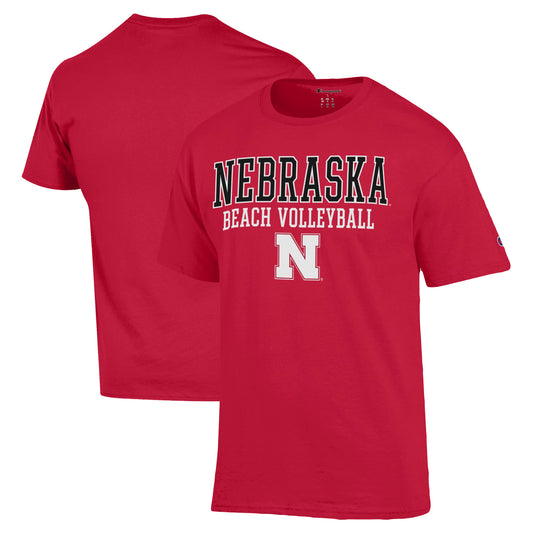 Men's Champion  Red Nebraska Huskers Stacked Beach Volleyball T-Shirt