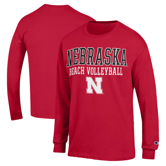 Men's Champion  Red Nebraska Huskers Stacked Beach Volleyball Long Sleeve T-Shirt