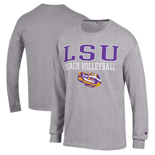 Men's Champion  Gray LSU Tigers Stacked Beach Volleyball Long Sleeve T-Shirt