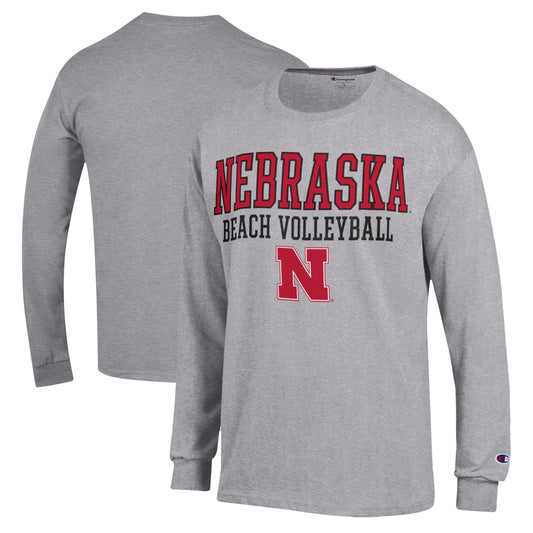 Men's Champion  Gray Nebraska Huskers Stacked Beach Volleyball Long Sleeve T-Shirt