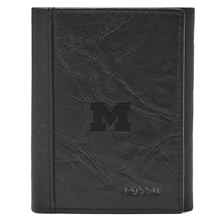 Men's Fossil  Black Michigan Wolverines Neel Extra Capacity Trifold Wallet