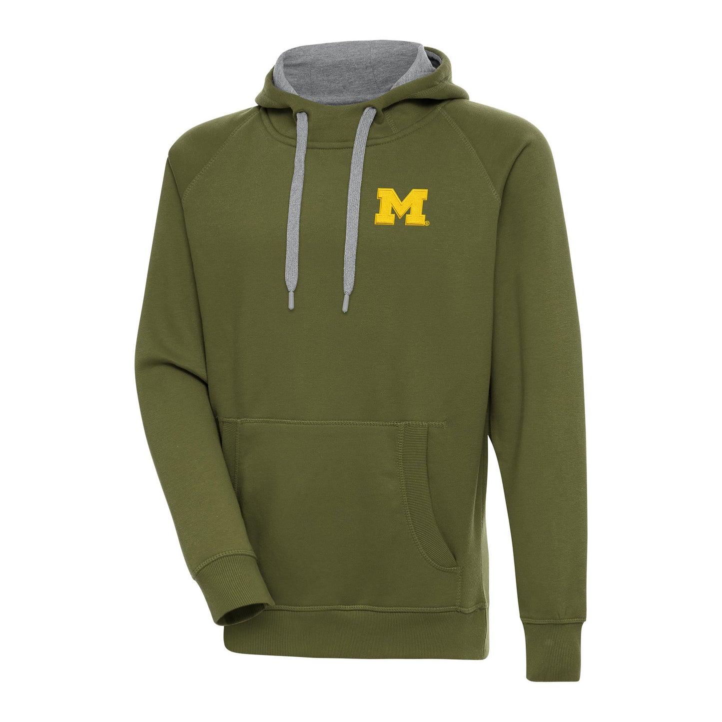 Men's Antigua  Olive Michigan Wolverines Victory Raglan Pullover Hoodie