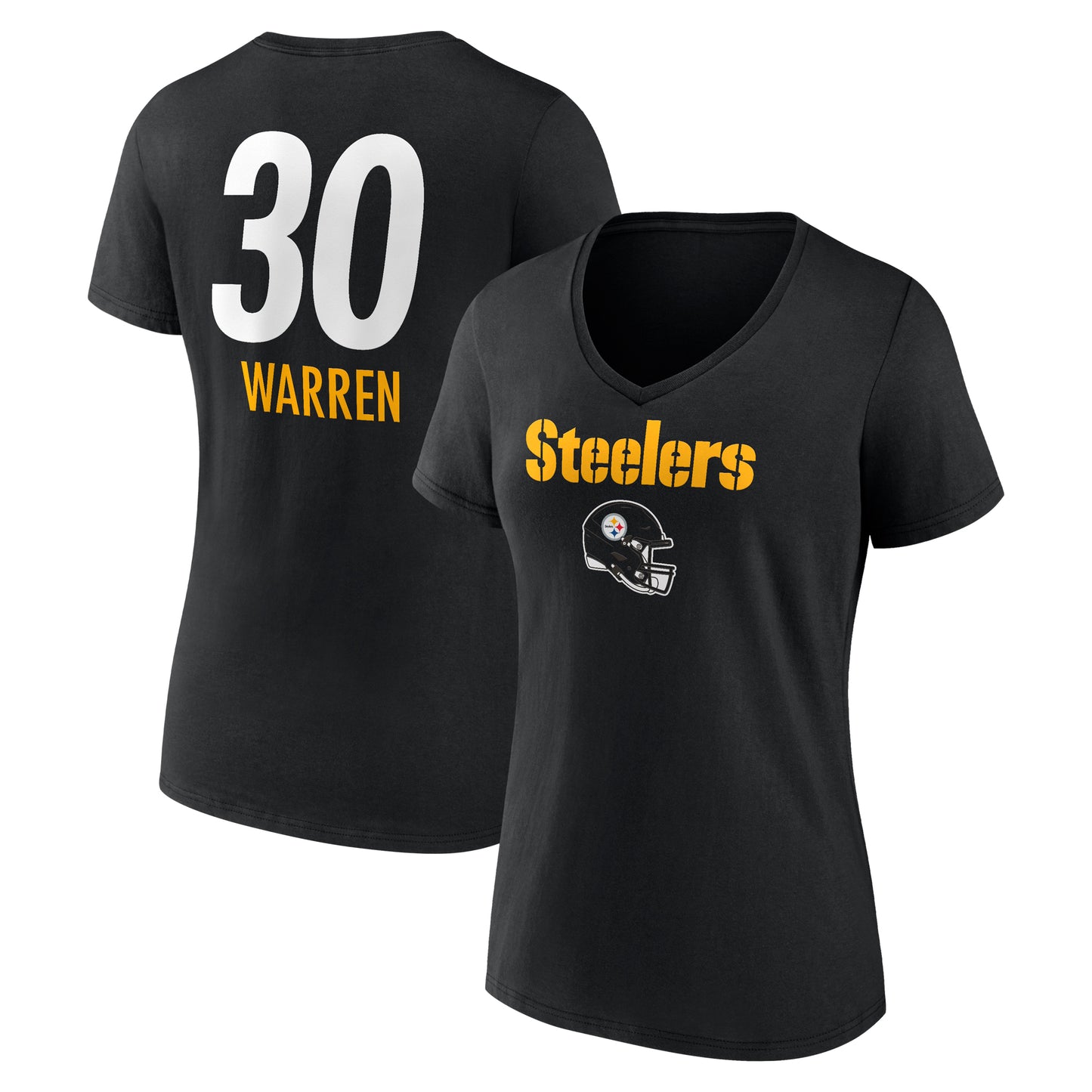 Women's Jaylen Warren Black Pittsburgh Steelers Team Wordmark Player Name & Number V-Neck T-Shirt