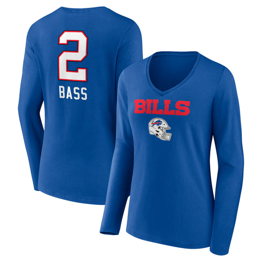 Women's Tyler Bass Royal Buffalo Bills Team Wordmark Player Name & Number Long Sleeve V-Neck T-Shirt