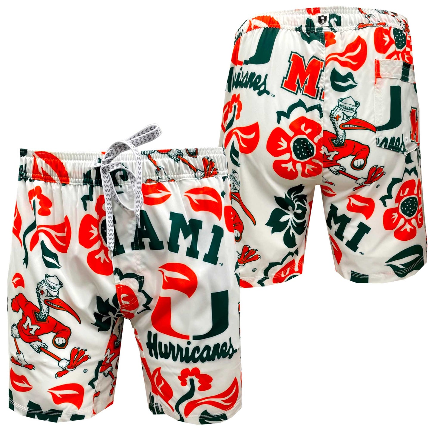 Youth Wes & Willy White Miami Hurricanes Allover Print Vault Tech Swim Trunks