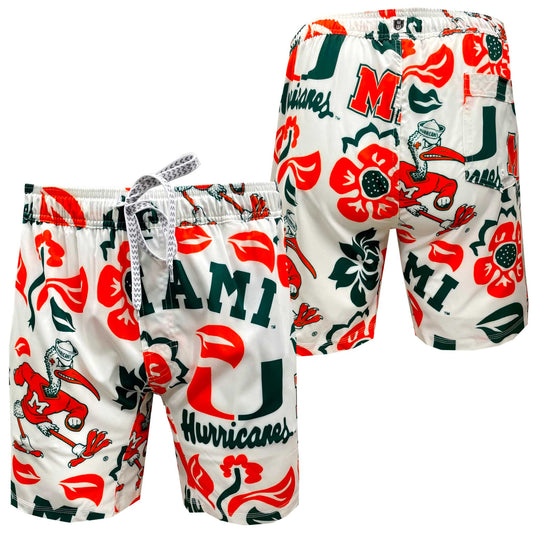 Youth Wes & Willy White Miami Hurricanes Allover Print Vault Tech Swim Trunks