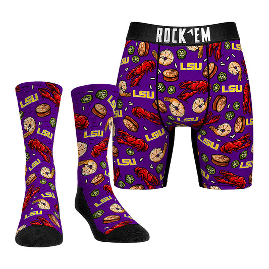 Men's Rock Em Socks LSU Tigers Gumbo Underwear and Crew Socks Combo Pack