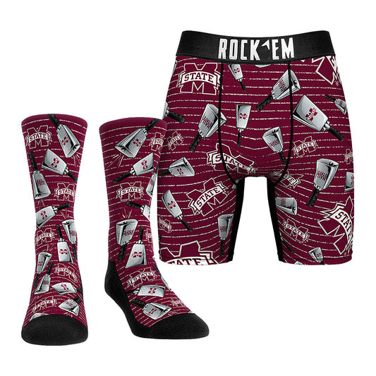 Men's Rock Em Socks Mississippi State Bulldogs Cowbells Underwear and Crew Socks Combo Pack