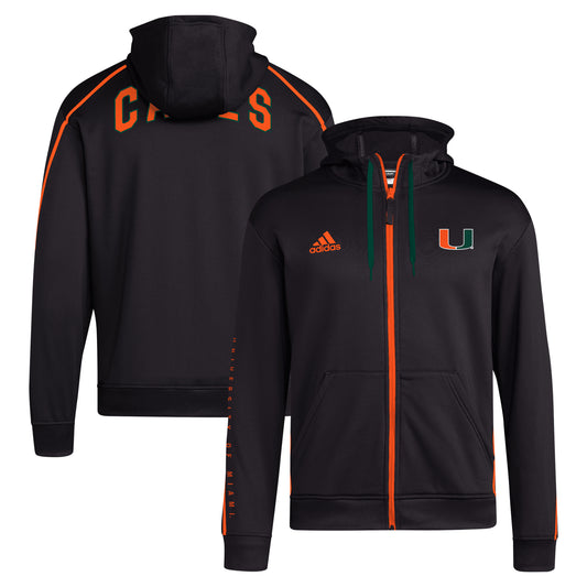 Men's adidas Black Miami Hurricanes 2024 Sideline Travel Hoodie Full-Zip Sweatshirt