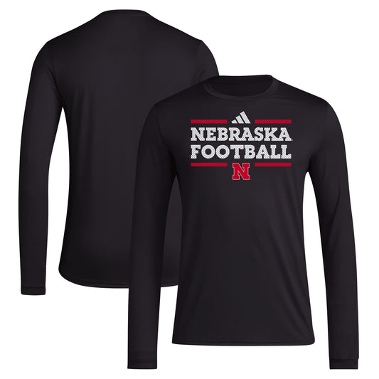 Men's adidas Black Nebraska Huskers Locker Football Pre-Game AEROREADY Long Sleeve T-Shirt