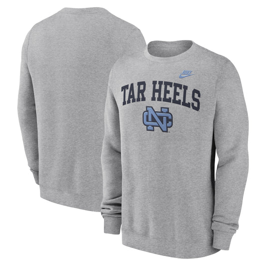 Men's Nike Heather Gray North Carolina Tar Heels Legacy Classic Tackle Twill Embroidered Arch Over Logo Pullover Sweatshirt