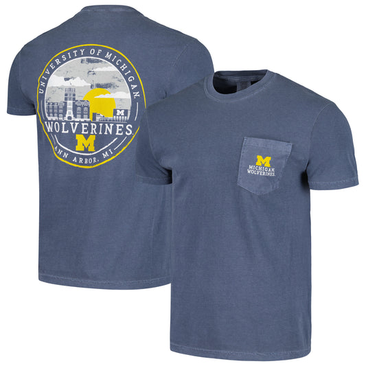 Men's Navy Michigan Wolverines Striped Sky Comfort Colors Pocket T-Shirt