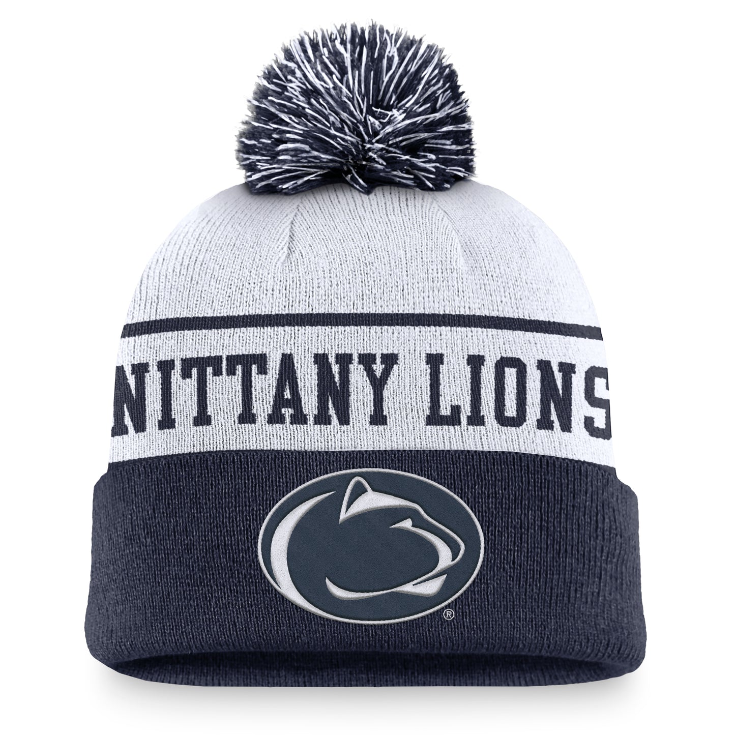 Men's Nike White/Navy Penn State Nittany Lions Local Peak Cuffed Knit Hat with Pom