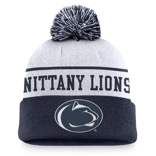 Men's Nike White/Navy Penn State Nittany Lions Local Peak Cuffed Knit Hat with Pom