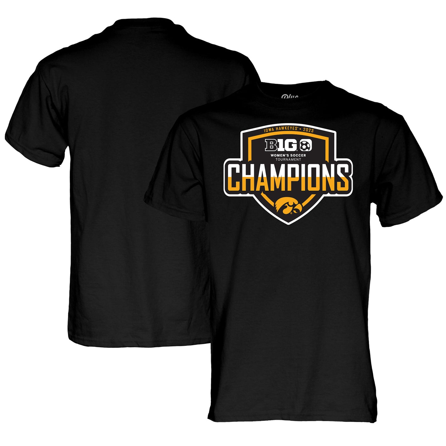 Unisex Blue 84  Black Iowa Hawkeyes 2023 Big Ten Women's Soccer Conference Tournament Champions Locker Room T-Shirt